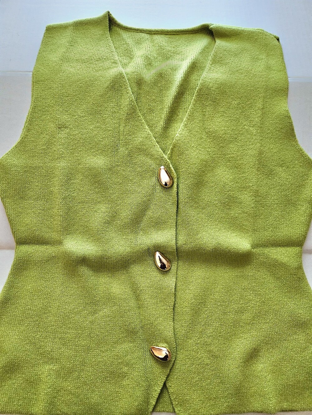 Chartreuse (Lemon-green)  Knit Sleeveless Top with Gold Buttons